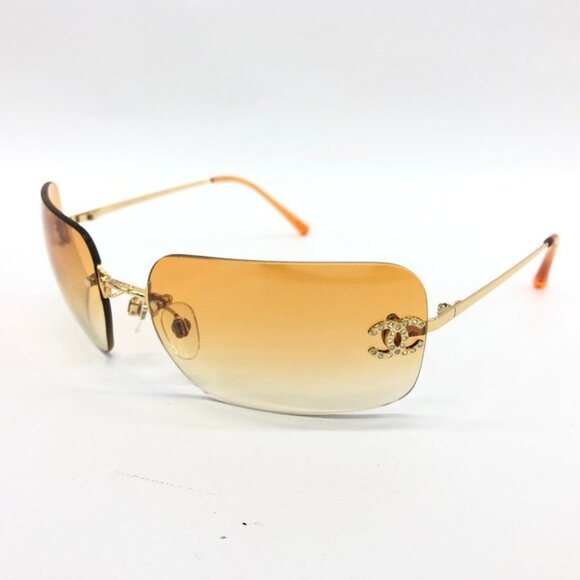 🧡RARE Chanel Vintage Sunglasses Rhinestone CC Logo Rimless Gradient Gold Orange - Picture 2 of 14